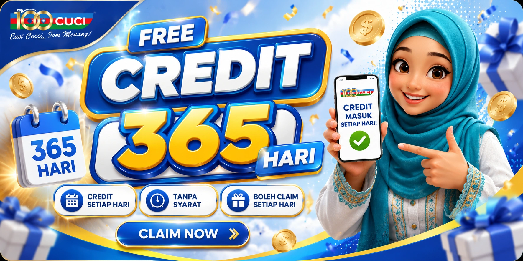 100Cuci free credit 365 hari promotional banner with tudung girl, daily free credit rewards and claim now bonus campaign